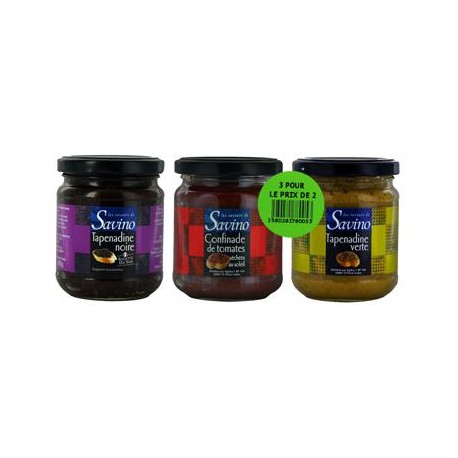 CARTON DE 4 LOTS DE 3 POTS TRIO TAPENADINES NOIRE VERTE TOMATE SAVINO