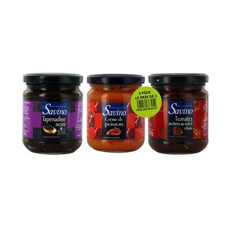 CARTON DE 4 LOTS DE 3 POTS DE180GR  TRIO TAPENADINES POIVRONS TOMATES SAVINO